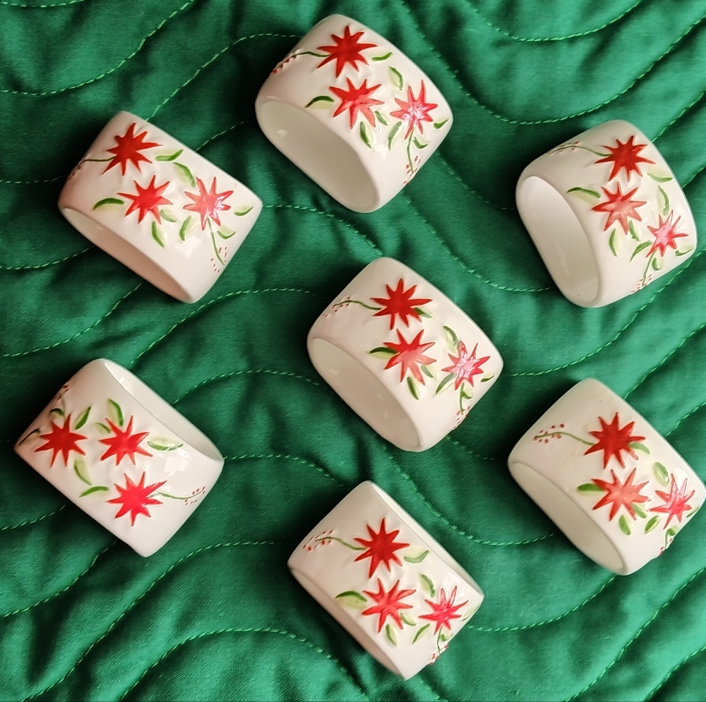 Reed Poinsettia Holiday Napkin Rings  Fine Bone China Set of 7